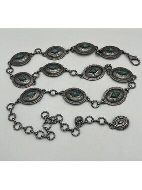 Vintage Southwestern Concho Belt Silver Metal Faux Turquoise 46"